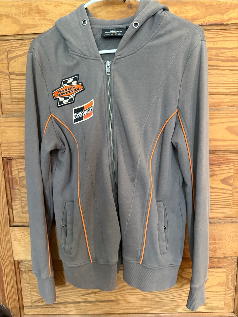 Harley-Davidson Gray Hoodie with Orange Trim and Patch Details